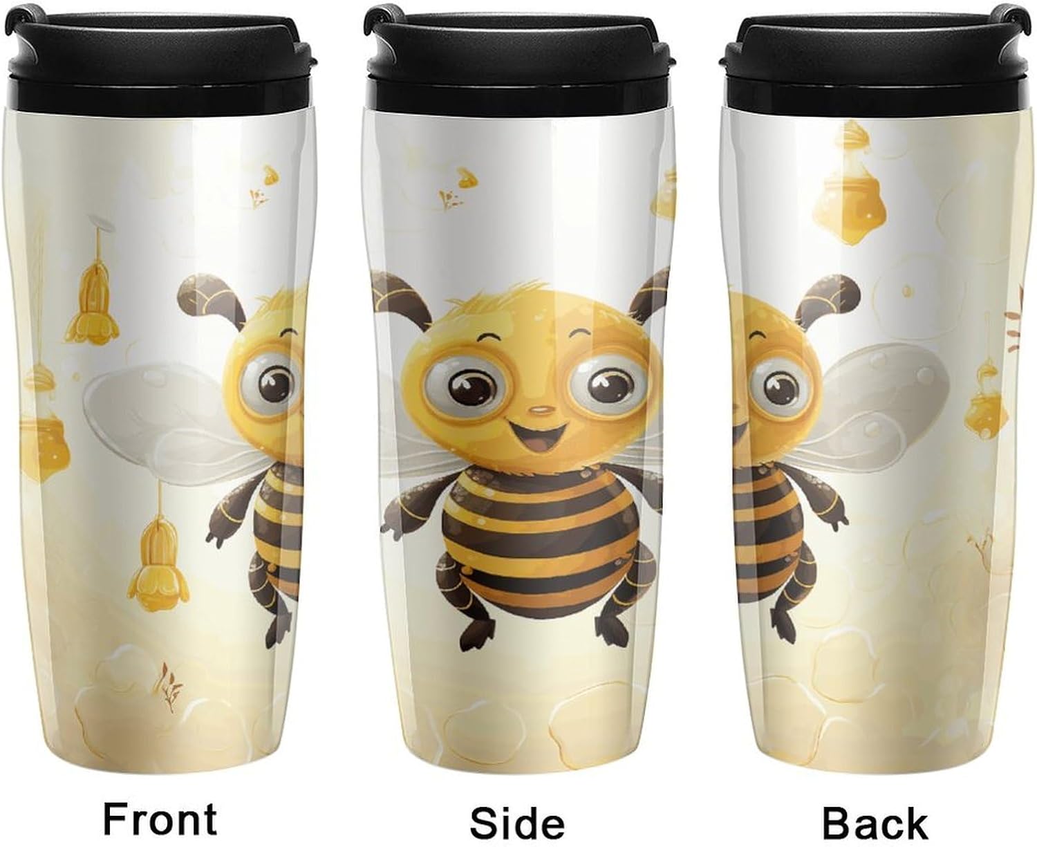 Cute Bees Honey Coffee Cup Reusable Portable Water Bottle with Double-Walled Plastic,Coffee Mug for Hot & Cold Drinks, Cup Holder Friendly 350ml