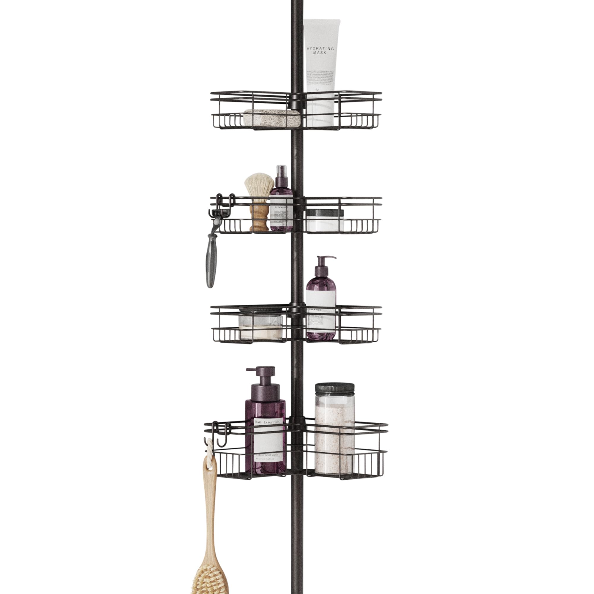 Zenna Home Tension Pole Shower Caddy with 4 L-Shaped Shelves with Hooks, Bronze, 60-97 Inch – Rust-Resistant Corner Shower Organizer Shelf – Adjustable Shower Rack for Bath Essentials