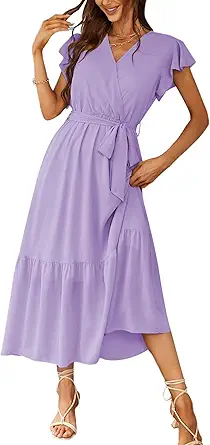 PRETTYGARDEN Women's Summer Floral Boho Maxi Dress Wrap Short Sleeve V Neck Ruffle A-Line Flowy Wedding Guest Long Dresses