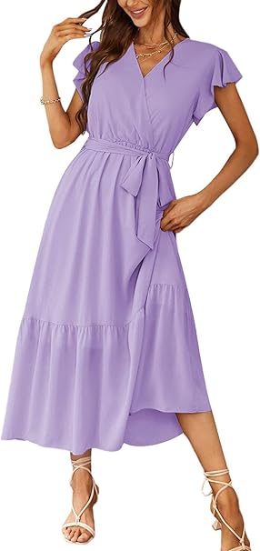 PRETTYGARDEN Women's Summer Floral Boho Maxi Dress Wrap Short Sleeve V Neck Ruffle A-Line Flowy Wedding Guest Long Dresses