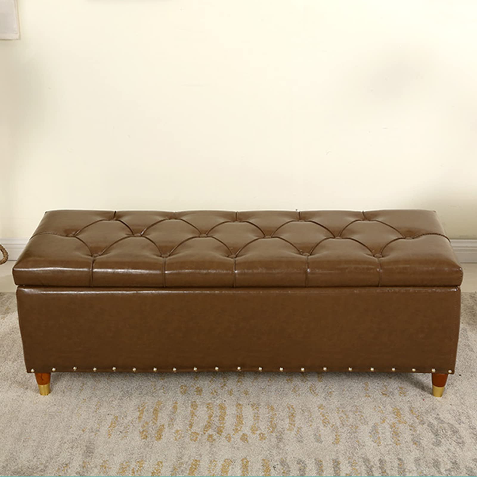 Banc de rangement en cuir capitonné ottoman marron haut de gamme