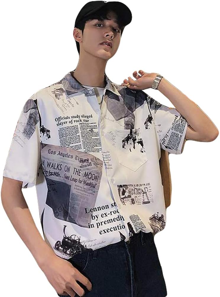 Qyyシャツ 半袖 メンズ プリント 開襟シャツ ファッション ゆったり カジュアルシャツ おしゃれ 新聞柄 トップス 薄手 ワイシャツ 総柄 夏服 発売モデル