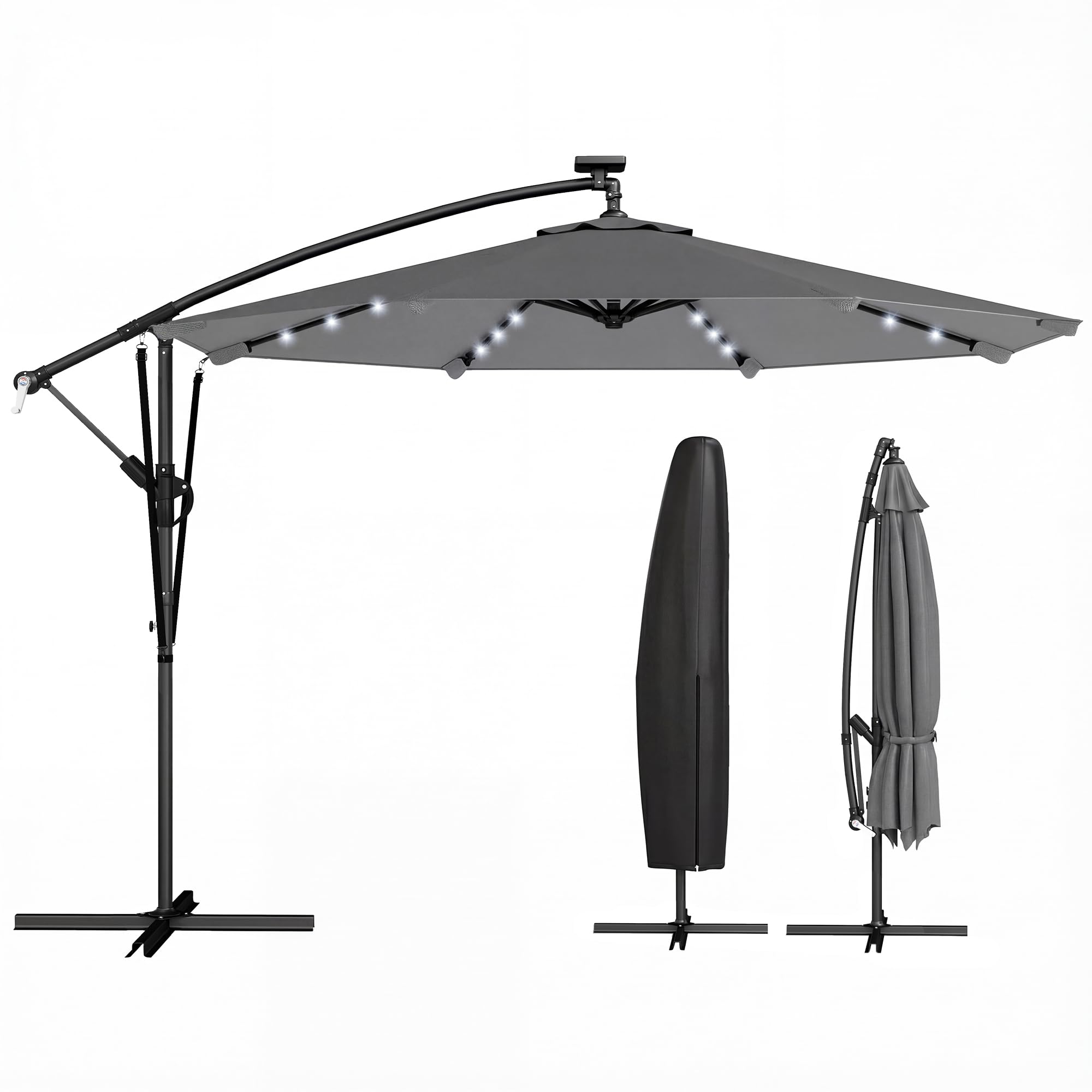 Outsunny Parasol Excéntrico con Luces LED Solares, Ø330 cm, Sombrilla de Jardín con Base Cruzada, Manivela, Funda Protectora y Cuerda de Viento, Anti-UV 50+, para Terraza, Patio - 1