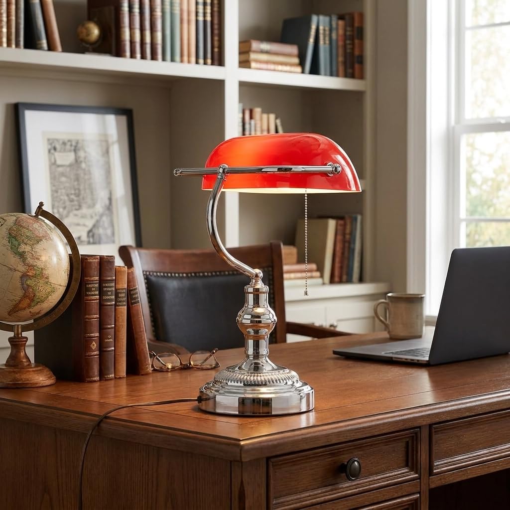 BARCELONA LED Lampada da Tavolo Banker Vintage E27 Paralume in Vetro Rosso Base Cromata Orientabile Luce da Scrivania Classica Stile Industriale Retrò Nordico per Ufficio