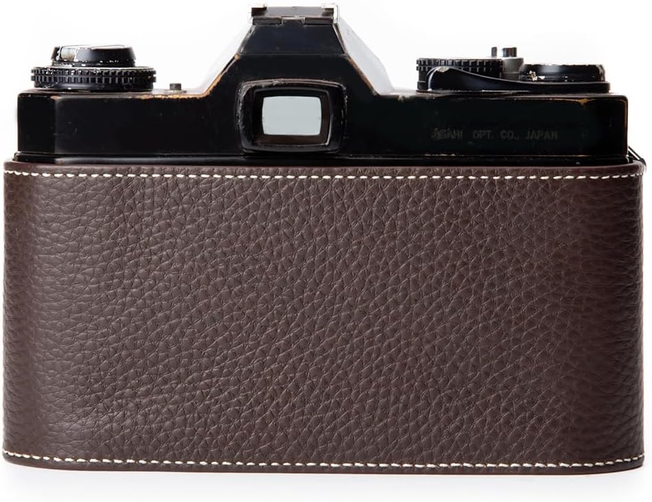 ES2 Vintage Genuine Leather Camera Case, Half-Wrap Genuine Leather Camera Protector for Pentax ES II (Mocha-White line)