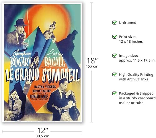 Miniatura 2 de The Big Sleep (Le Grand Sommeil) protagonizada por Humphrey Bogart y Lauren Bacall - Póster de película negra francesa vintage por Vicente