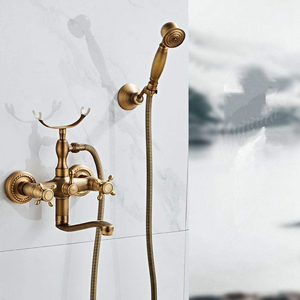 JYBNBBE Antique Brass Brushed Bathtub Faucet Wall Mounted Bathroom Basin Hot and Cold Water Mixer Tap Crane with Hand Shower Bath Shower Faucet,Antique A (Antique a A)