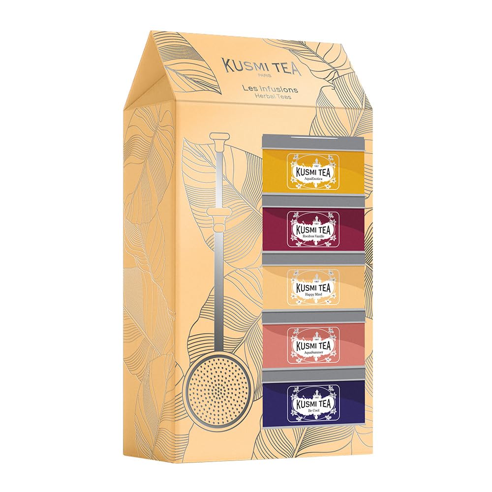 Kusmi Tea - Coffret "Les Infusions" + Pince à Thé - Assortiment de Thés Bio - Idée Cadeau Homme et Femme - Infusions, Tisanes Aromatisées, Rooibos - Notes de Fruits et d'Épices - 5 Boîtes de 25g