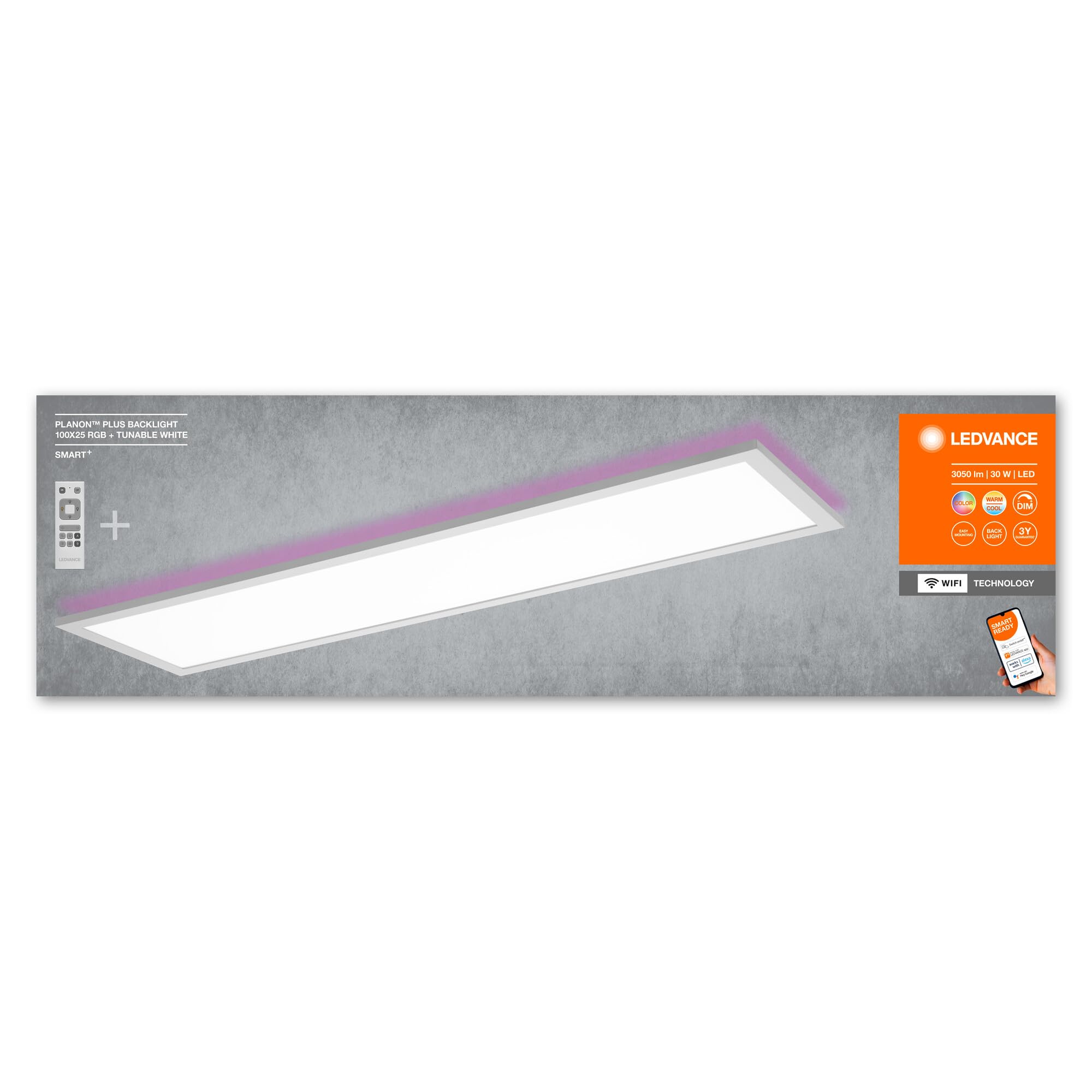 LEDVANCE Plafoniera WiFi bianca, 30W, 1900LM, 3000-6500K, 100x25 cm, lampada da parete dimmerabile, tecnologia RGB, Smart+ Planon, controllabile tramite app o assistenti vocali come Alexa o Google