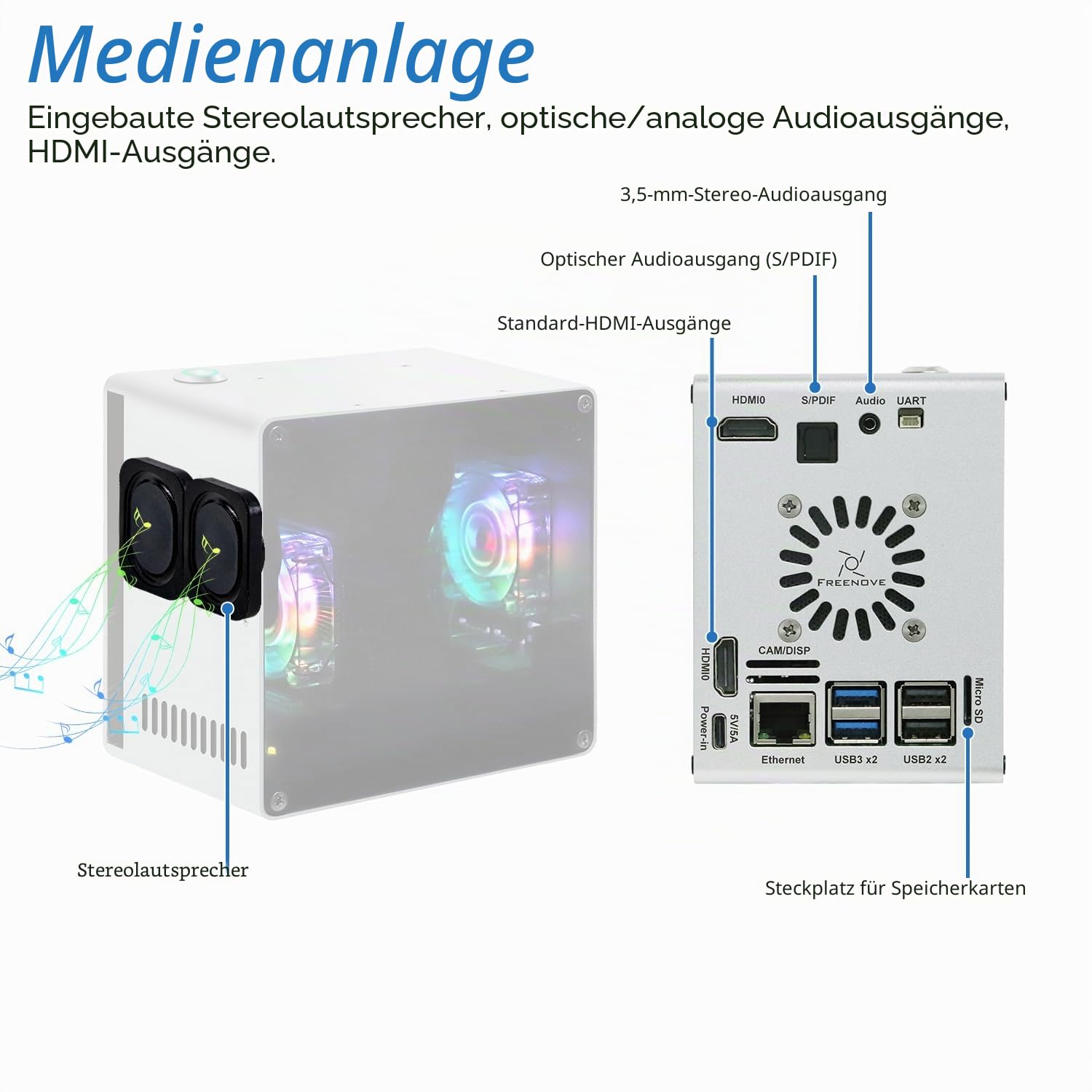FREENOVE NAS Case for Raspberry Pi 5 (NOT Included), Quad M.2 NVMe SSD Slots, PWM ARGB Fans Light Sync, CPU Tower Cooler, Built-in Stereo Speakers, 3.5 mm and Optical Audio (S/PDIF) Outputs