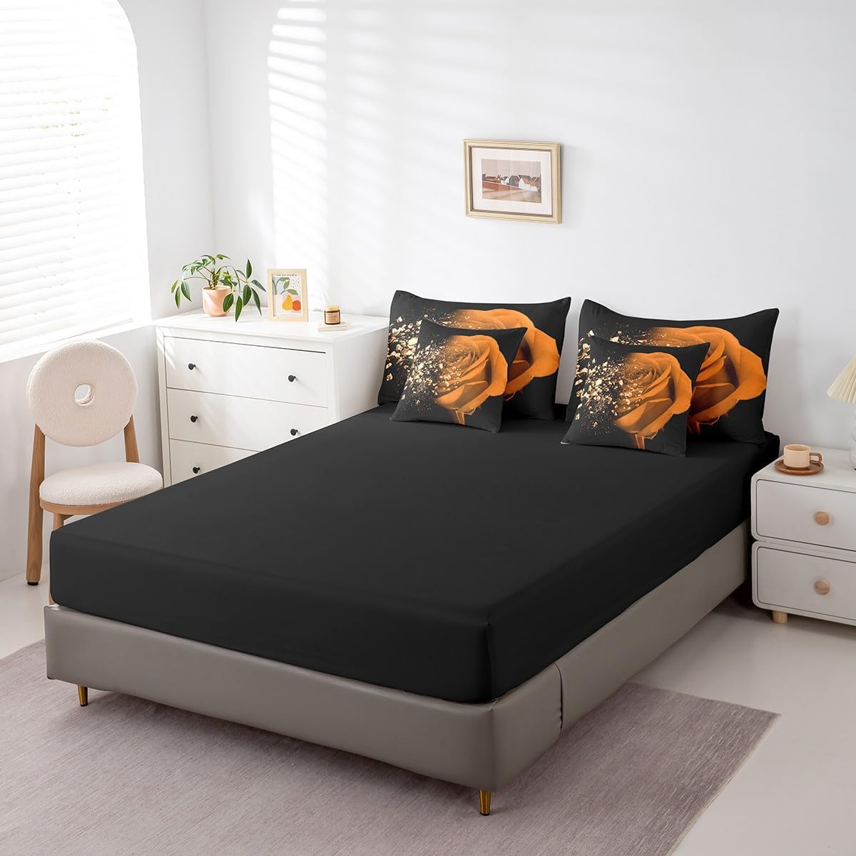 Feelyou Floral Rose Comforter Set with Sheets Queen Size Orange Rose 7 Piece Bedding Set for Kids Boys Girls Floral Flower Bed in a Bag Black Oange Bed Set