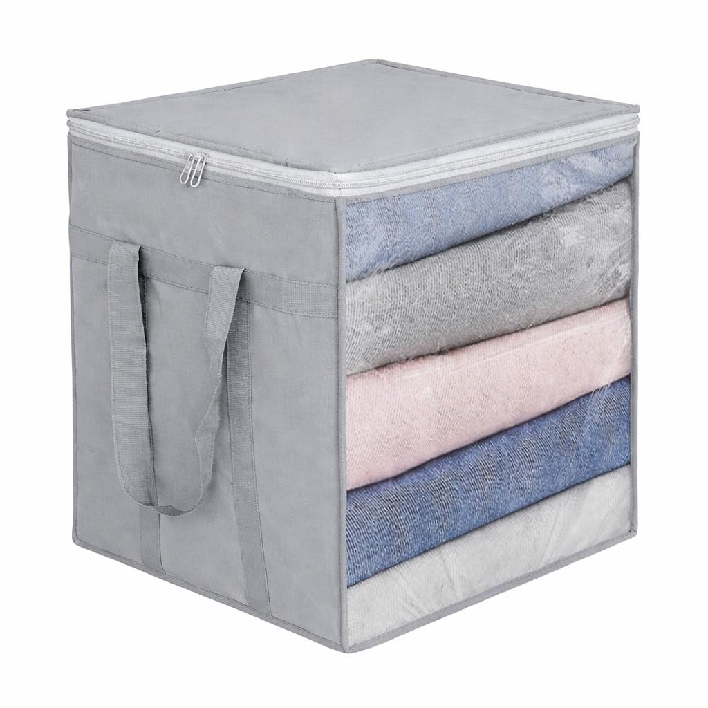 AARON INC Premium Fabric Storage Organizer Boxes | Foldable Storage Bags with Zip & Clear Window | Clothes, Blanket, Saree & Wardrobe Storage,saree box(grey) Pack of 01-image-32