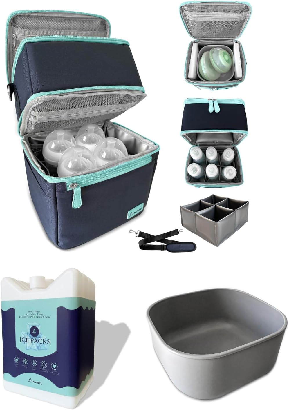 COOL Bundle Insulated Breast Milk Dual Layer Cooler Bag (Navy/Light Blue), Set of 4 ICE Slim Design Reusable Ice Packs, & BPA Free Dishwasher Safe PumpPartment Box Pumping Moms Bottles Daycare