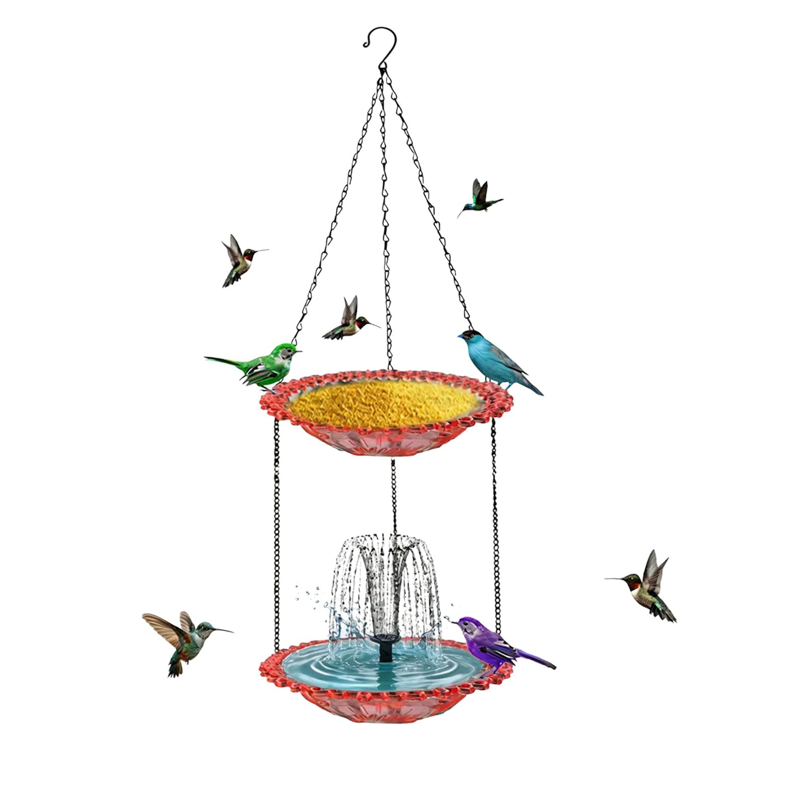 Fontaine solaire et mangeoire à oiseaux suspendue pour aménager un jardin de colibris