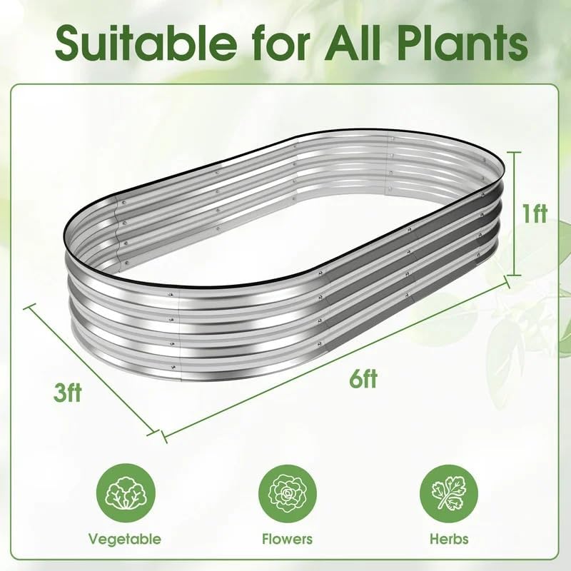 Galvanized Metal Raised Garden Bed 6x3x1ft, Oval Planter Box Outdoor, Large Silver Garden Bed for Vegetables Flowers, Heavy Duty Rust Resistant Elevated Planting Bed for Backyard Patio