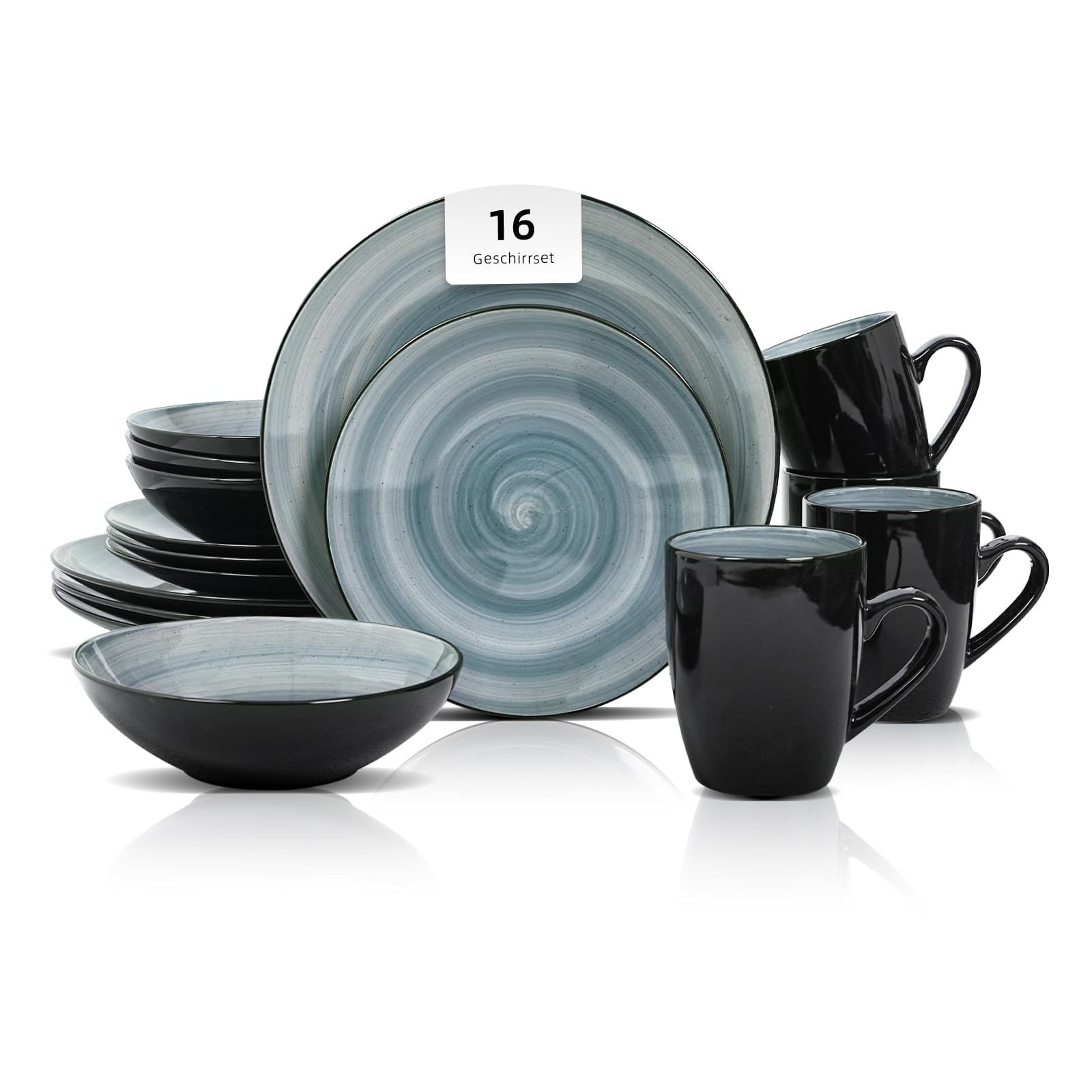 HomeVss Sonoma 16-teiliges Steingut-Essgeschirr-Set, außen schwarz mit schwarzen Sprenkeln (Blau)