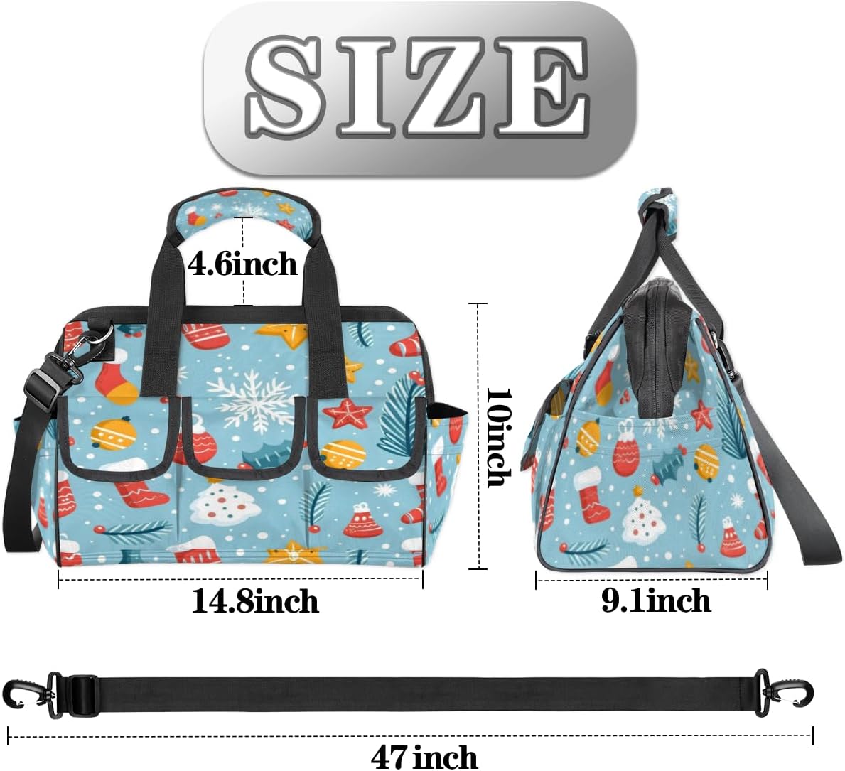 Cute Xmas Tree Socks Heavy Duty Tool Bag for Men Garden Engineer Electrician Carpenter Sturdy Portable Tool Box Organizer Storage with Handle Pockets Strap 15 Inch