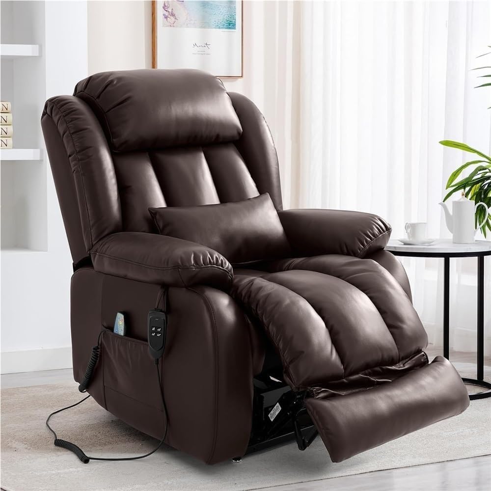 Leather Electric Recliner for Seniors with Power Lift, Adjustable Back & Footrest, Heated Massage Chair, USB Ports, Side Storage Pockets, Comfortable Home Lounge Sofa