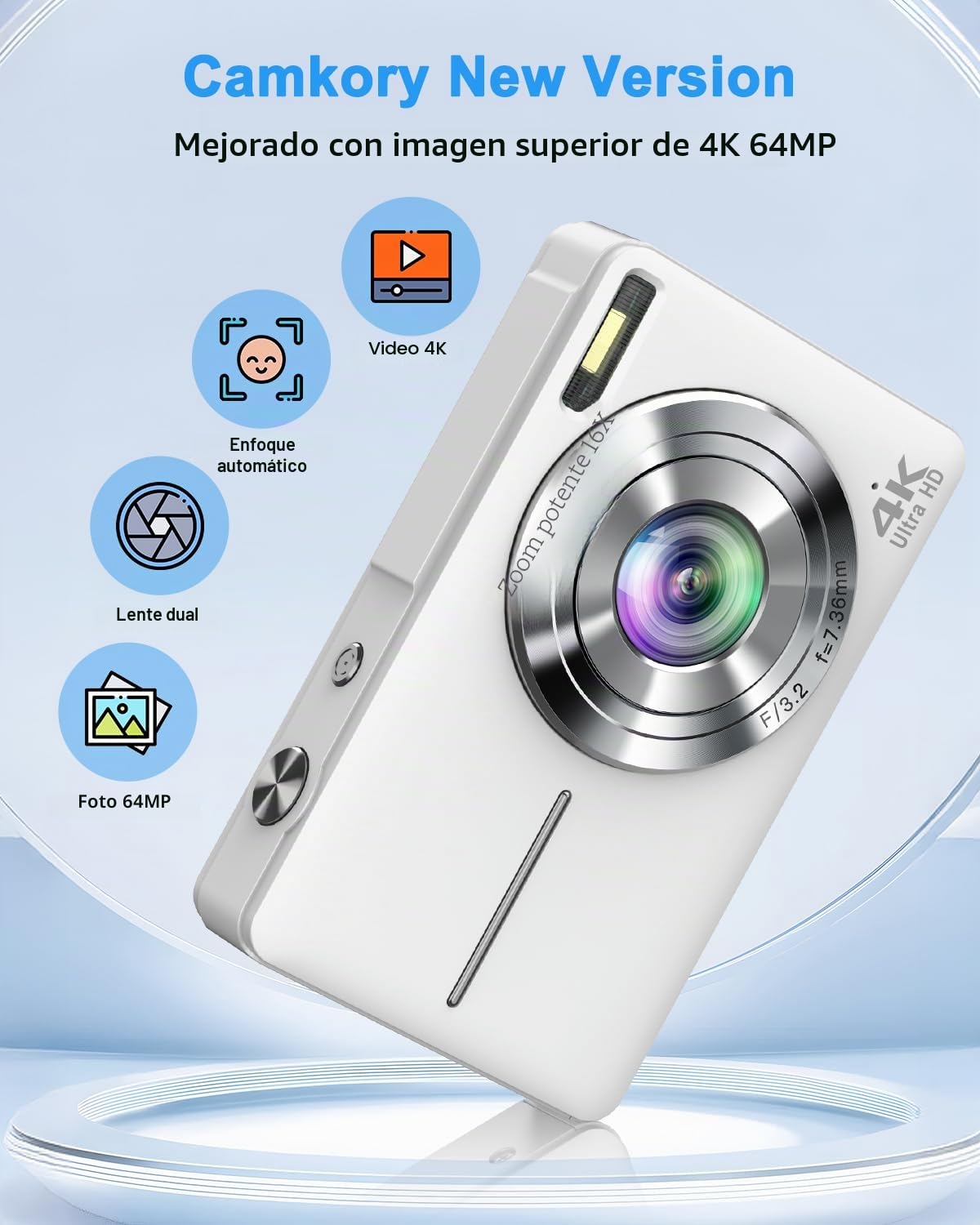 Cámara Digital 4K 64MP, Doble cámara con Enfoque automático, Flash, Zoom 16X, estabilización, Cámara de Fotos compacta para niños, Adolescentes, Adultos y Principiantes (Blanco)