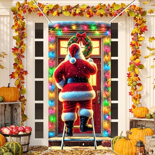 Image of BlissYard Christmas Door Cover 71x35 Inch Funny Santa Claus Hanging Wreath on Ladder Door Banner Holiday Decoration Winter Xmas Photo Backdrop for Indoor Outdoor Porch Home Party Supplies