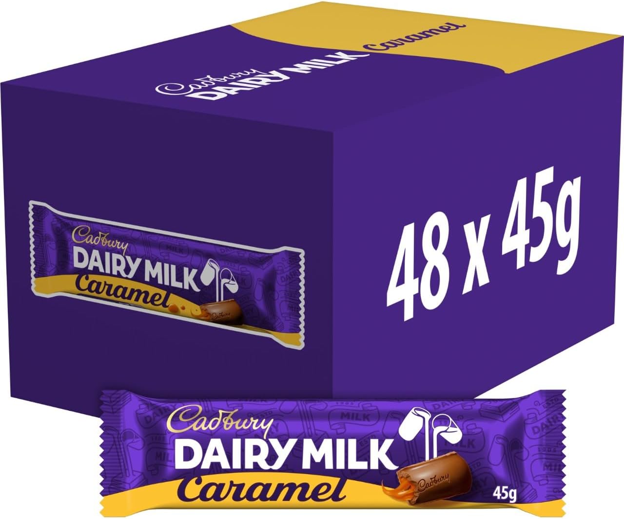 Cadbury Dairy Milk Caramel Chocolate Bar, 45 g (Pack of 48) | Classic Cadbury Milk Chocolate, Gooey Caramel Centre, Snack