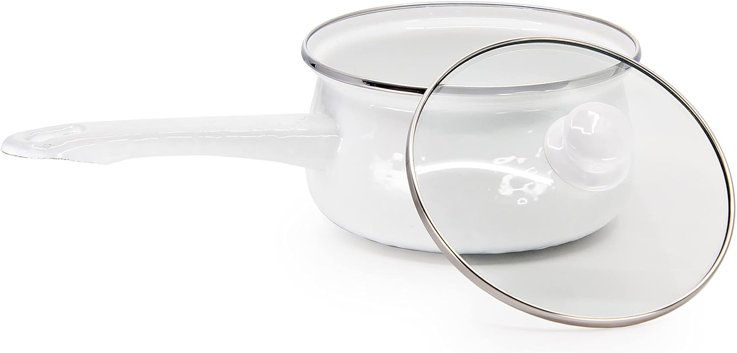 Golden Rabbit Enamelware Sauce Pan with Handle, 5 cup, Solid White Textured