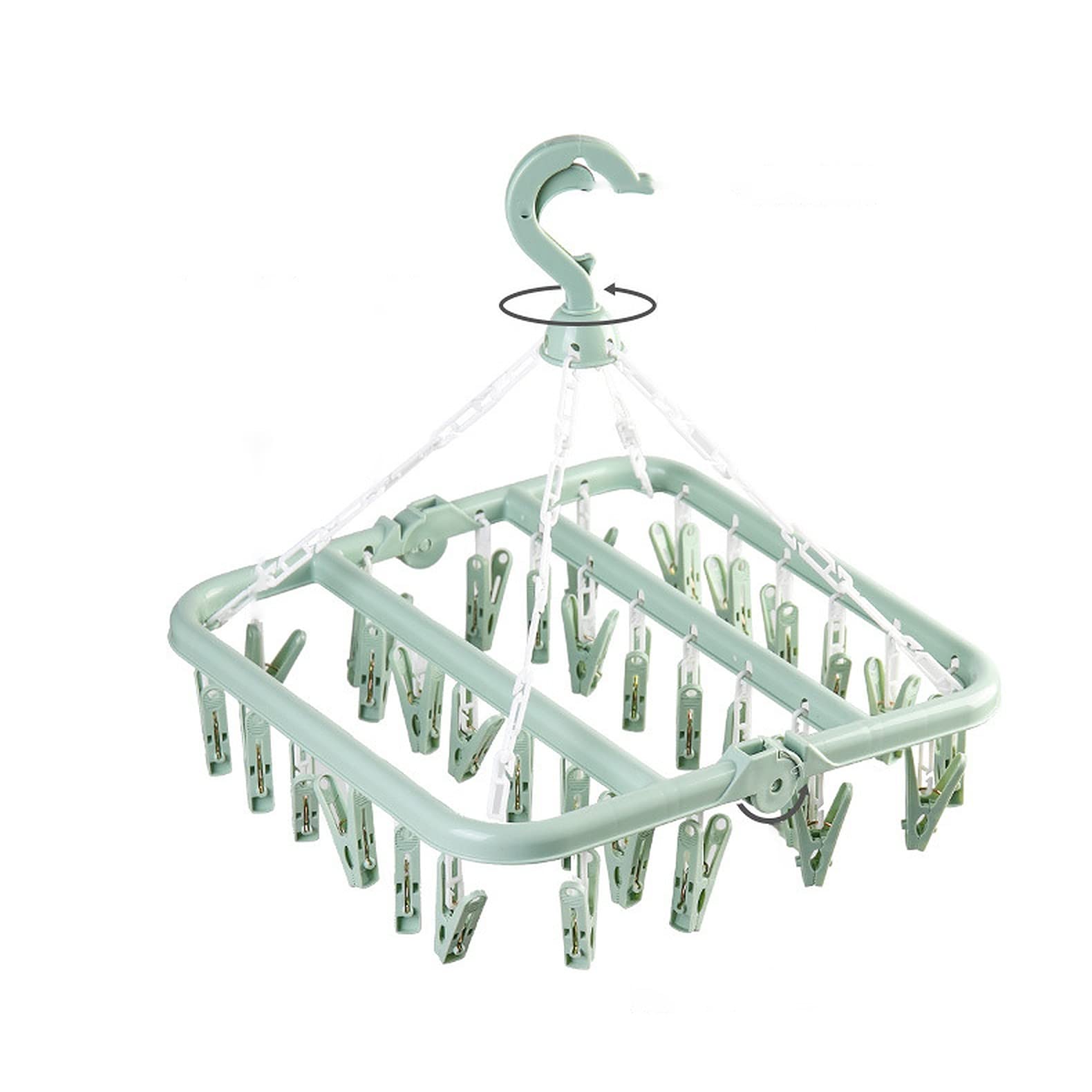 wolpin 32 Clips Plastic Square Cloth Dryer/Clothes Drying Stand/Hanger with Clips Foldable (Clothes Peg, Green), 32 x 34 x 35 Centimeters