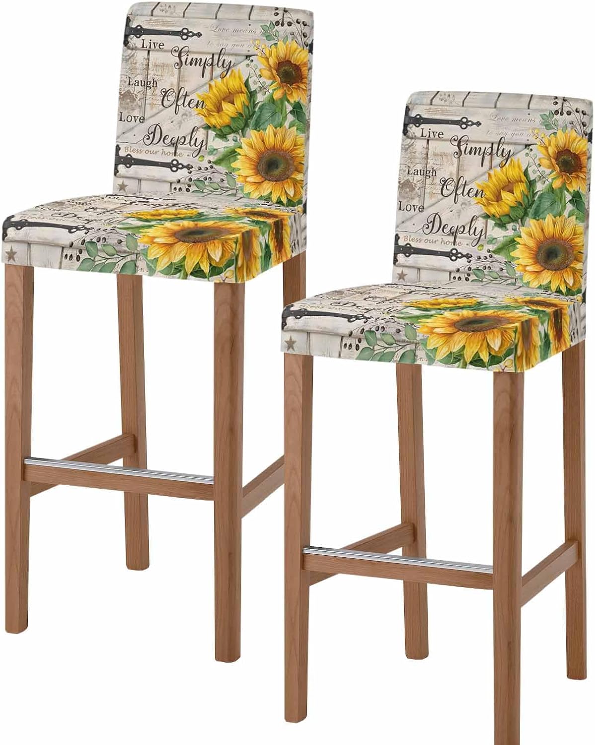 Sunflower Bar Stool Covers Set of 4, Yellow Flowers Summer Botanical Wooden Stretch Washable Bar Chair Covers with Backs, Removable Pub Counter Height Chair Cover for Kitchen Dining Room Cafe