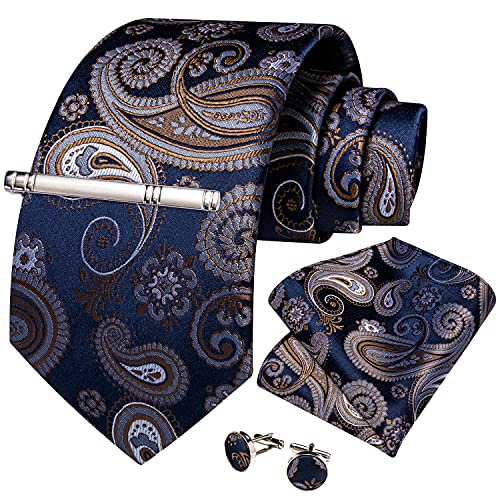 Image of DiBanGu Paisley Ties for Men Silk Necktie and Pocket Square Cufflinks Tie Clip Set Woven Classic Mens Tie for Wedding Party
