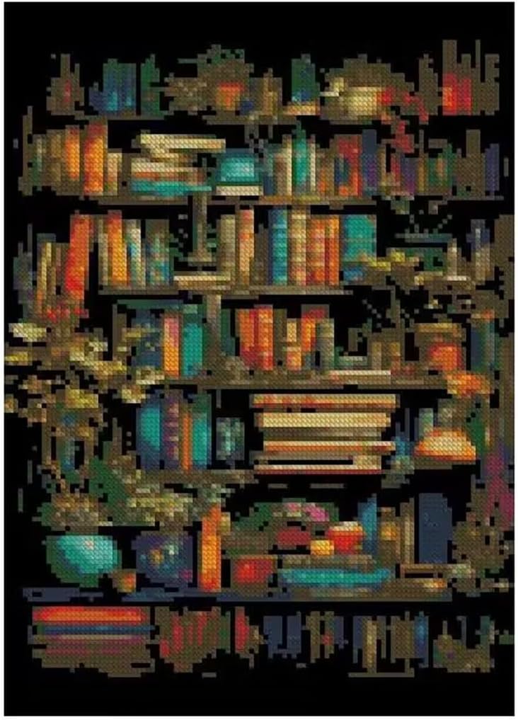 MjhRcll Stamped Cross Stitch Kits,Bookshelf Embroidery Starter Kit for Adult Beginners,Books Cross Stitch Kits for Adults 12×16 Inch