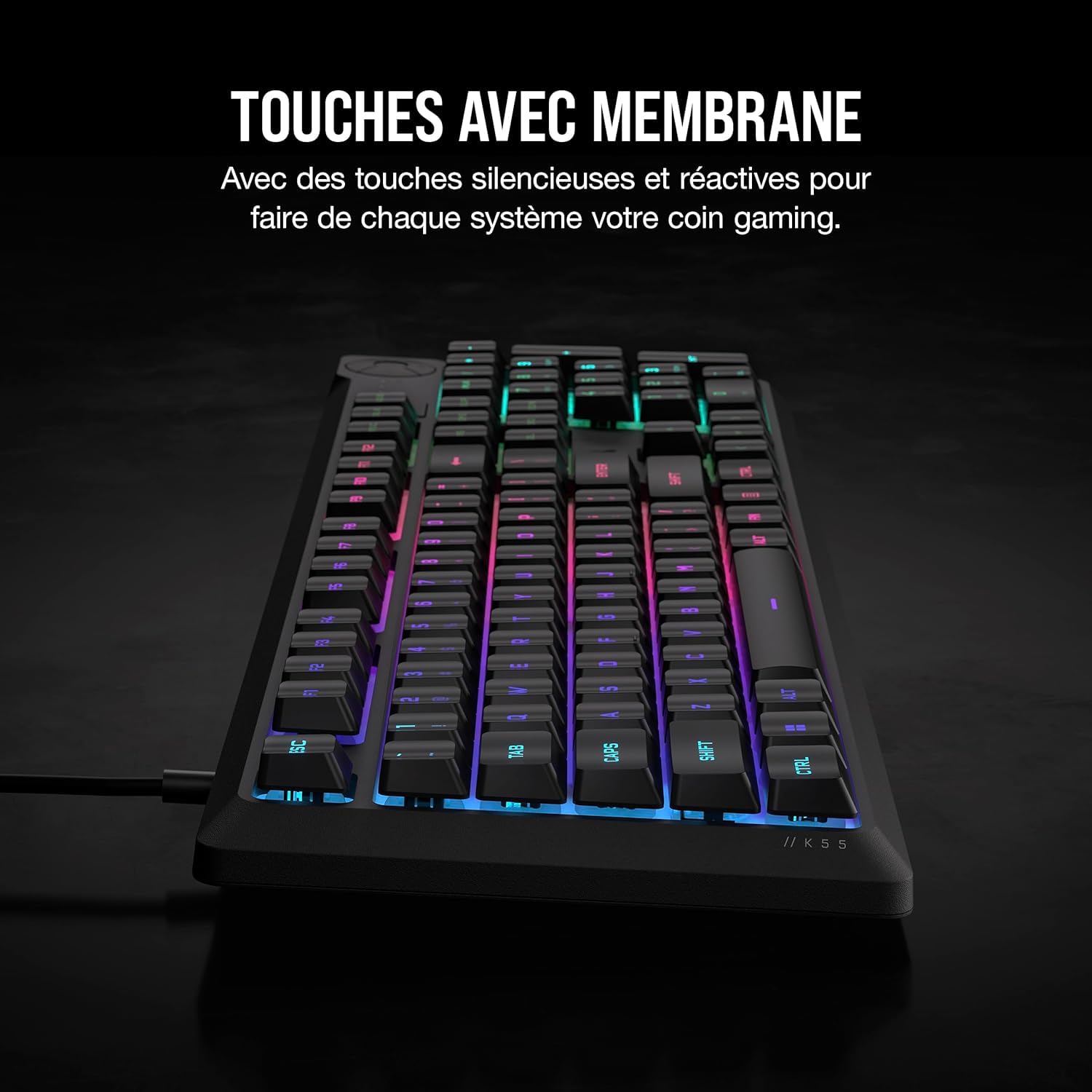 Corsair K55 Core RGB Przewodowa klawiatura do gier z membraną - responsywne przełączniki - odporność na zachlapanie - Ten-Zone RGB - klawisze multimedialne - kompatybilne z iCUE - AZERTY FR - PC, Mac