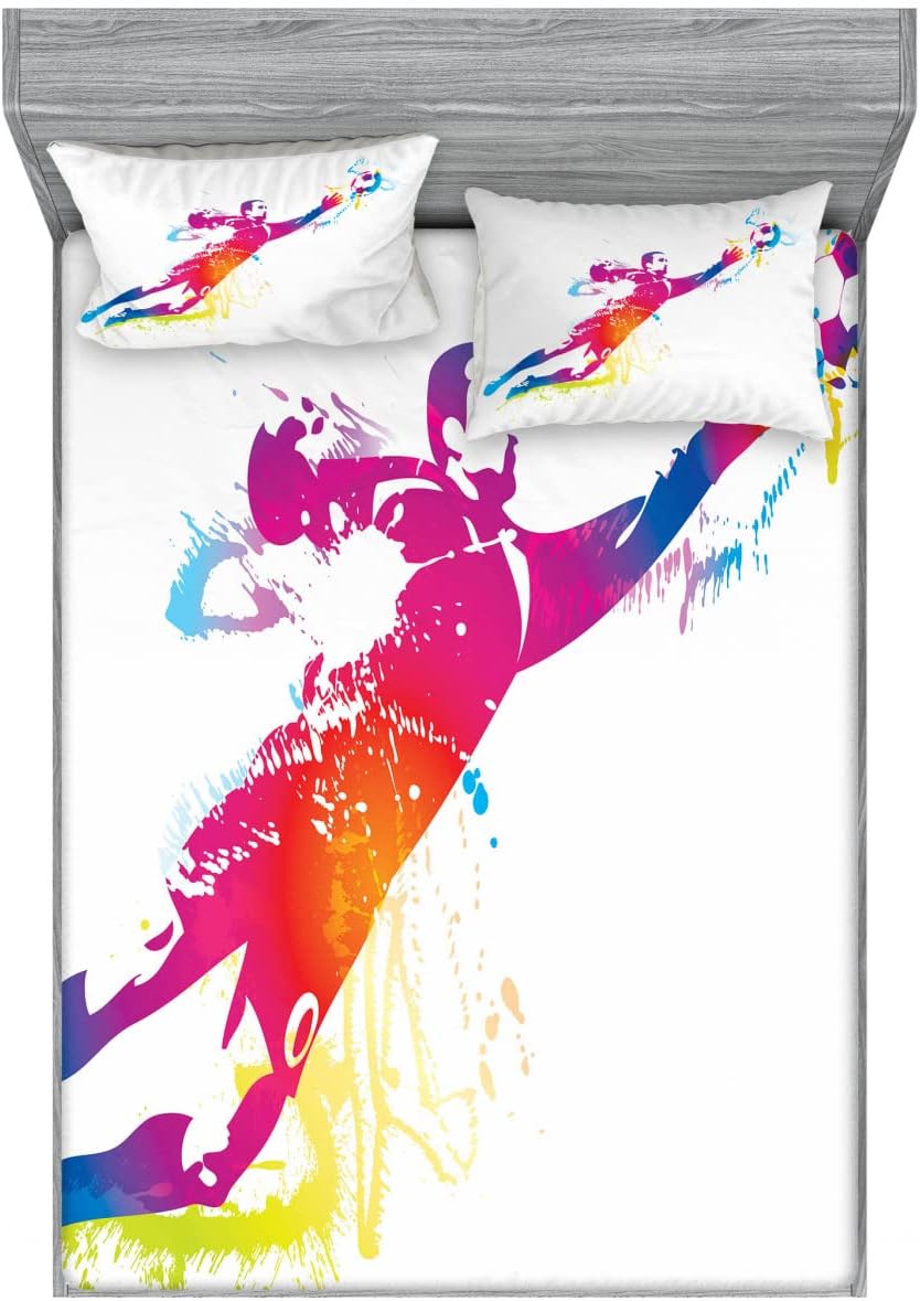Ambesonne Rainbow 2 Pack Fitted Sheet & Pillow Sham Set, Goalkeeper Catches Ball, 4 Pcs Bedding Decor, Package Contains 2 Full Size Fitted Sheets & 4 Pillow Covers, Multicolor