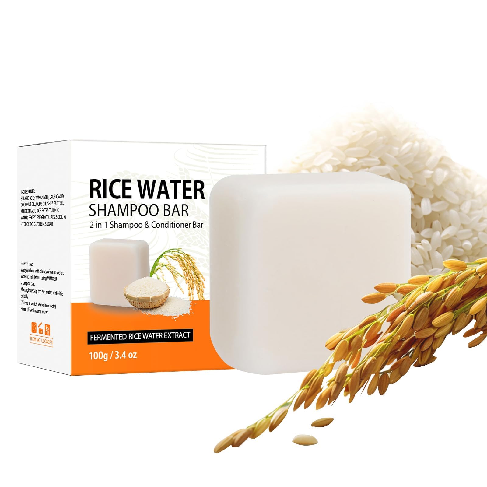 Fermented Rice Water Shampoo Bar, 2 in 1 Rice Water Solid Shampoo and Conditioner, Vegan Solid Shampoo Soap for Hair Growth and Moisturizing, pH Balance Rice Water Conditioner for All Hair Types