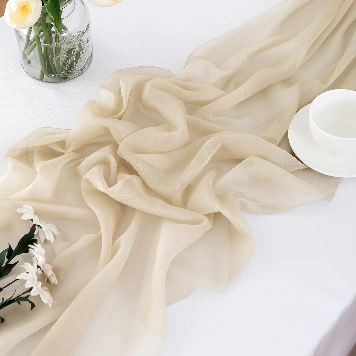 CHUQING Chiffon Table Runner 70x300cm - Beige Wedding & Party Decoration Fabric Runner - View #7