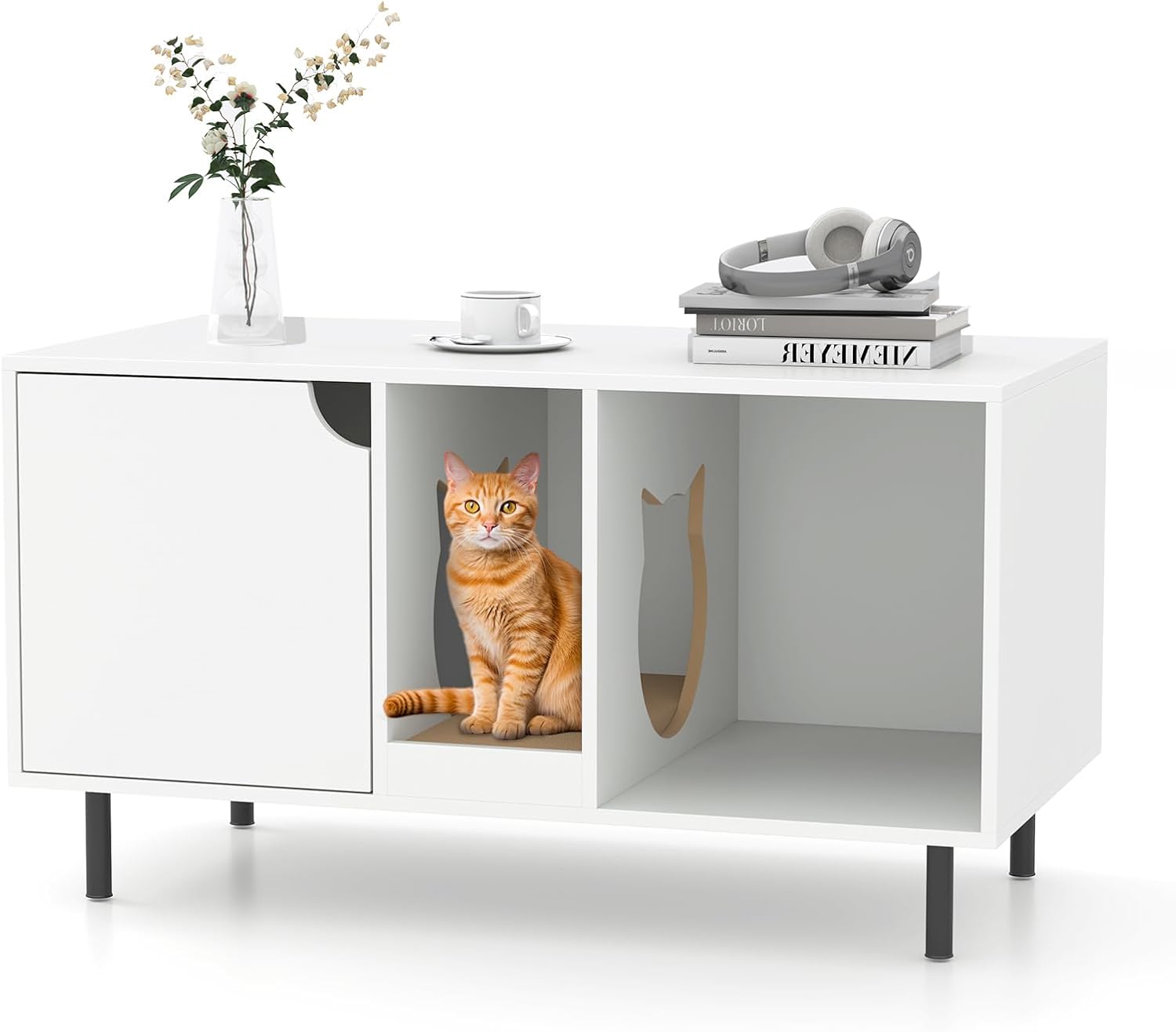 PETSITE Cat Little Box Enclosure, Litter Box Furniture with Removable Scratcher, Metal Legs, Cat Box Enclosure End Side Table, Hidden Litter Box Furniture, 40 x 21 x 22 inches (White)