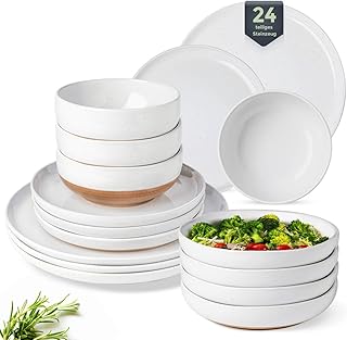 Sponsored You’re seeing this ad based on the product’s relevance to your search query.Learn more about this advertisement GBHOME Speckled Stoneware 24-Piece Dinner Service for 6 - Hand Painted and Unique Wave Rim Dishwasher and Microwave Safe Plate and Bowl Set White
