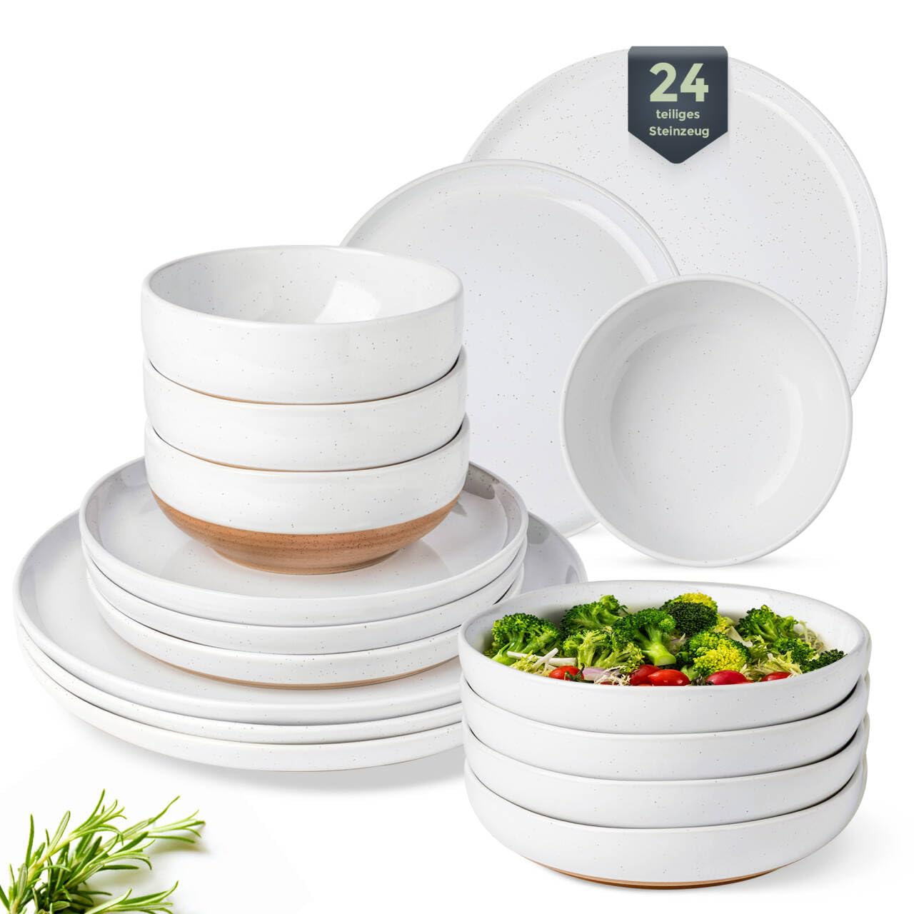 GBHOME Service de table 24 pièces en faïence mouchetée pour 6 personnes – Peint à la main et avec bord ondulé unique, passe au lave-vaisselle et au micro-ondes, ensemble d'assiettes et de bols, blanc