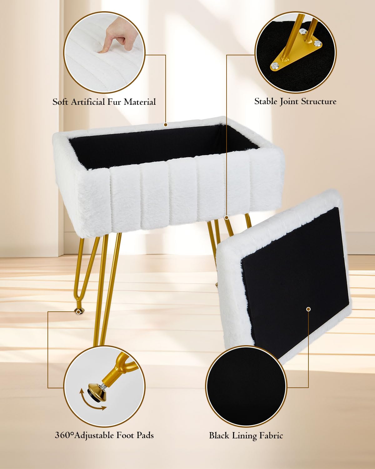 Taburete de tocador con almacenamiento, taburete de maquillaje de piel sintética con patas de metal, reposapiés peludo multifuncional, silla otomana para sala de estar, dormitorio, color 6
