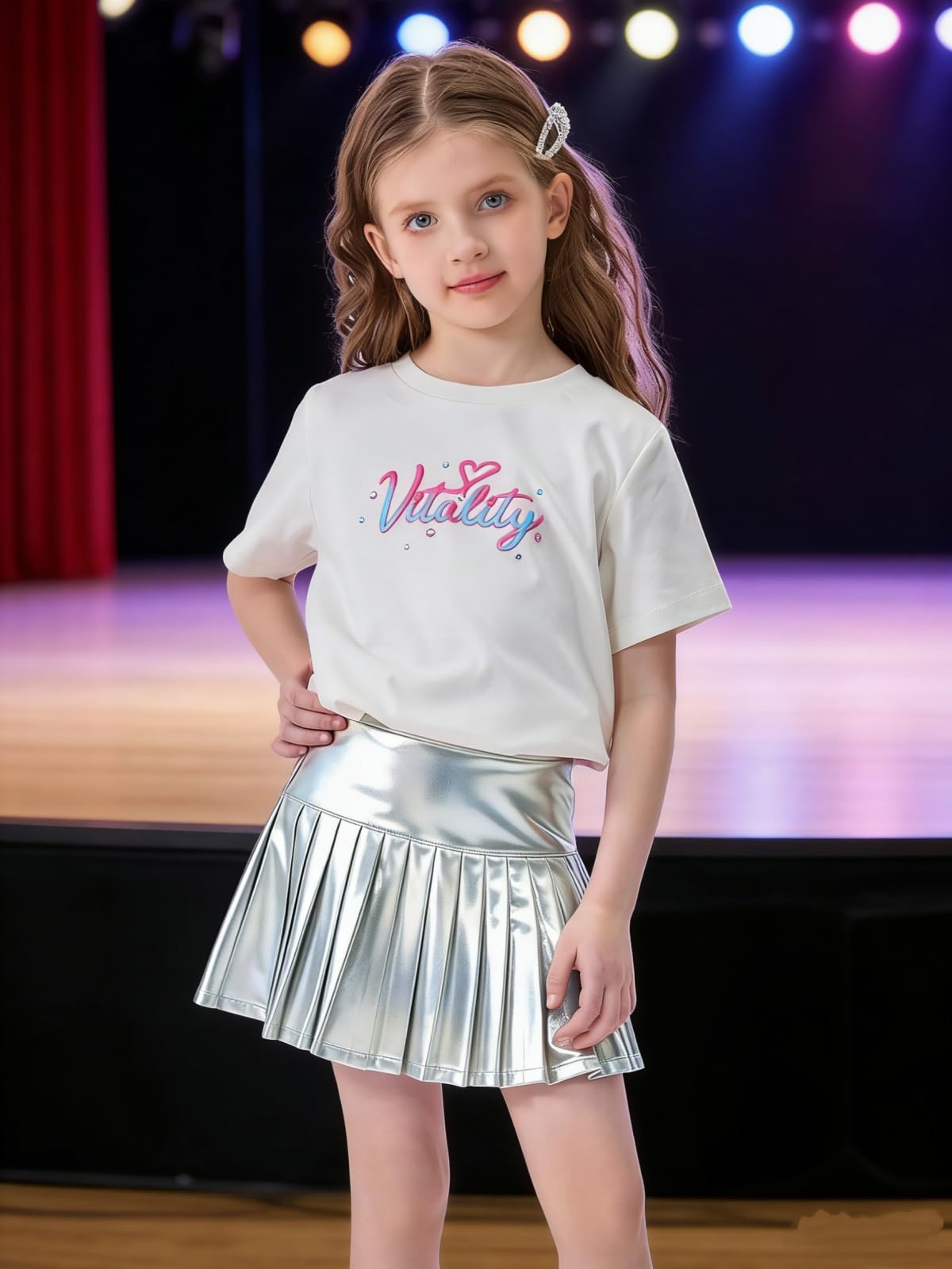 Miipat Falda Plisada Metalizada para Niña, Faldas Infantil Brillantes Cintura Alta Elástica Minifaldas Pantalón con Forro y Bolsillo para Baile Tenis Festa