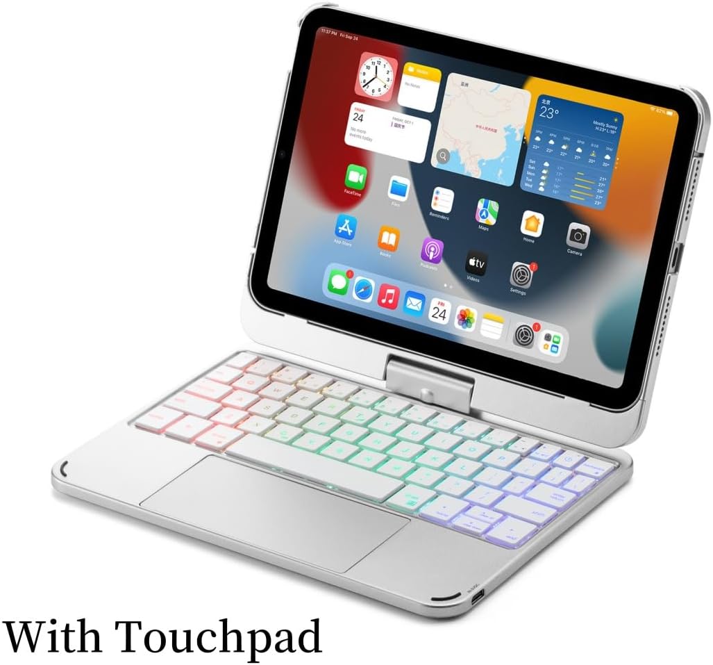 kaidisen 360 Rotatable Keyboard for iPad mini A17 Pro 2024, iPad mini 6th Generation Keyboard Case with Touchpad 7 Color Backlight Foldable Backlit Keyboard,Silver