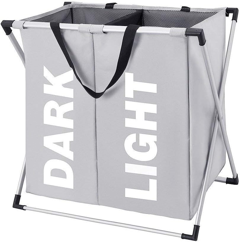 WISHPOOL Large 2 Section Laundry Basket Bag with X-Frame Double Laundry Hamper Durable Clothes Bag for College Apartment Home Use（Grey）