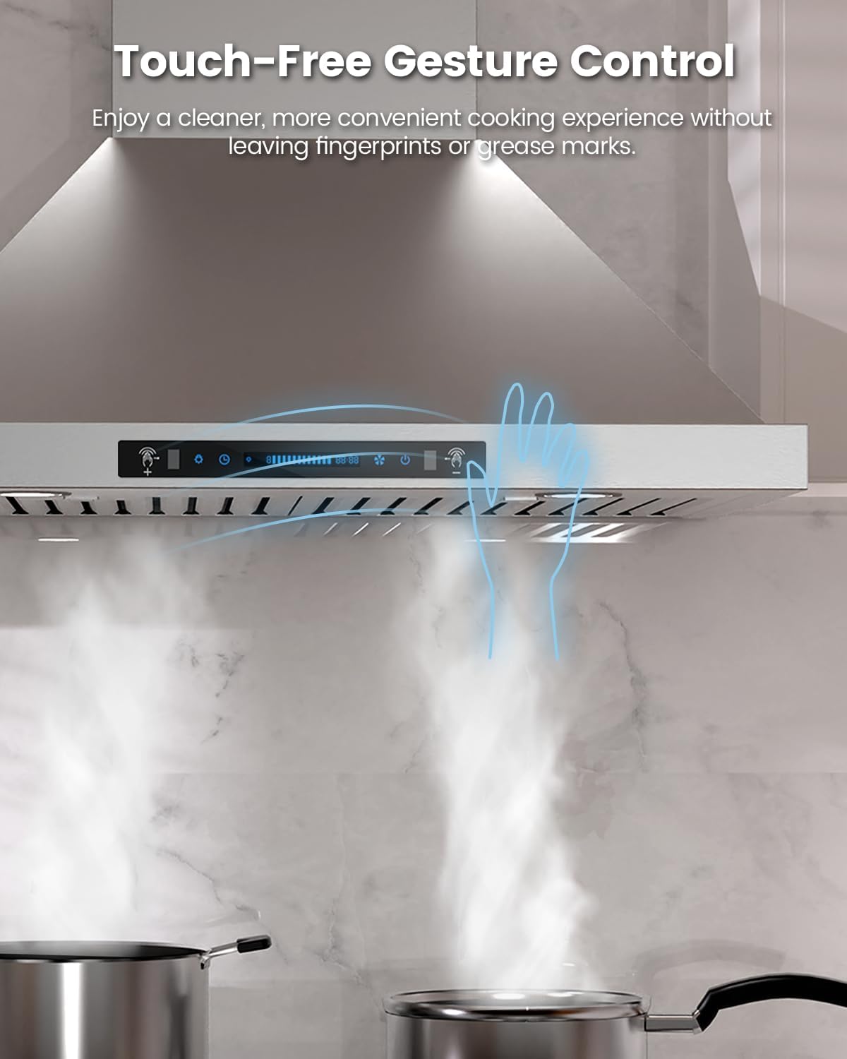 JOCO 36 Inch Wall Mount Range Hood, 900 CFM Stainless Steel Kitchen Chimney Vent Hood, Convertible for Ducted or Ductless Installation, 4-Speed Gesture/Touch/Remote Control P02-36G