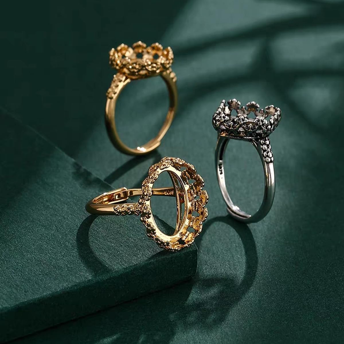 925 Sterling Silver Adjustable Ring Blank Bezel Cabochons Setting with Decorative Flower Trim DIY Rings for Jewelry Making
