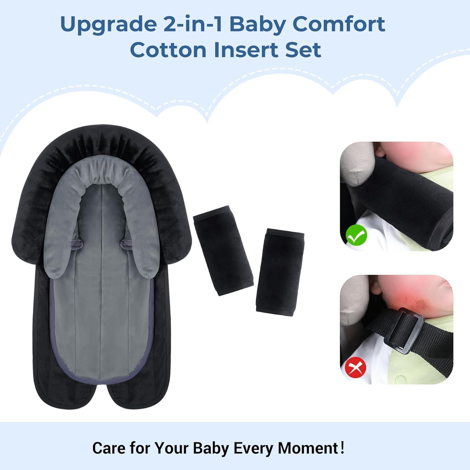 INFANZIA Ensemble de housses de soutien et sangles pour nouveau-né et tout-petit - Coussins de siège de voiture extra doux, parfaits pour les sièges auto, poussettes, balançoires, velours doux