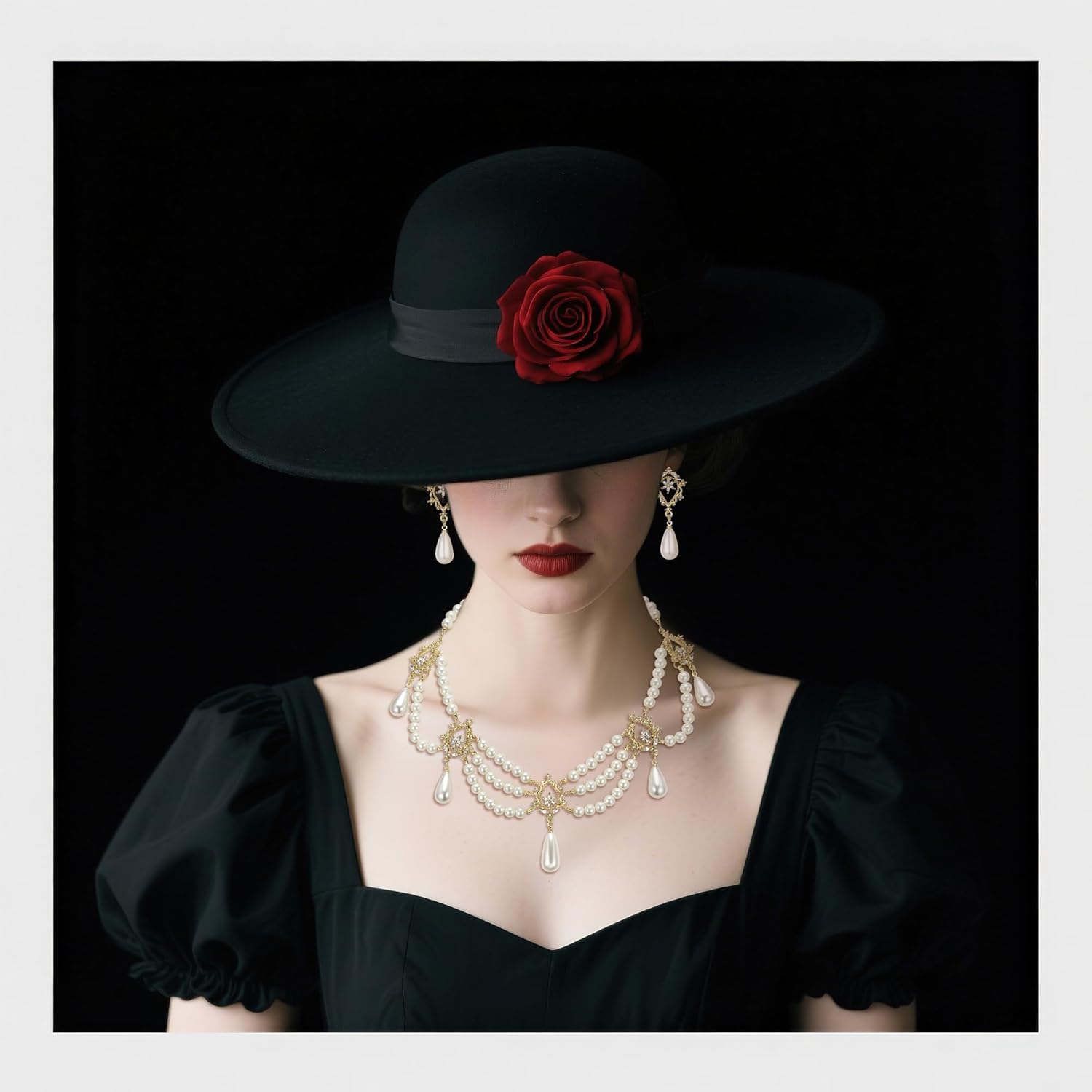 BriLove 1920s Simulated Pearls Halloween Gothic Costume Multi Layered Collar Necklace Dangle Earrings Set for Women Vampire Cosplay Party Prom Accessory