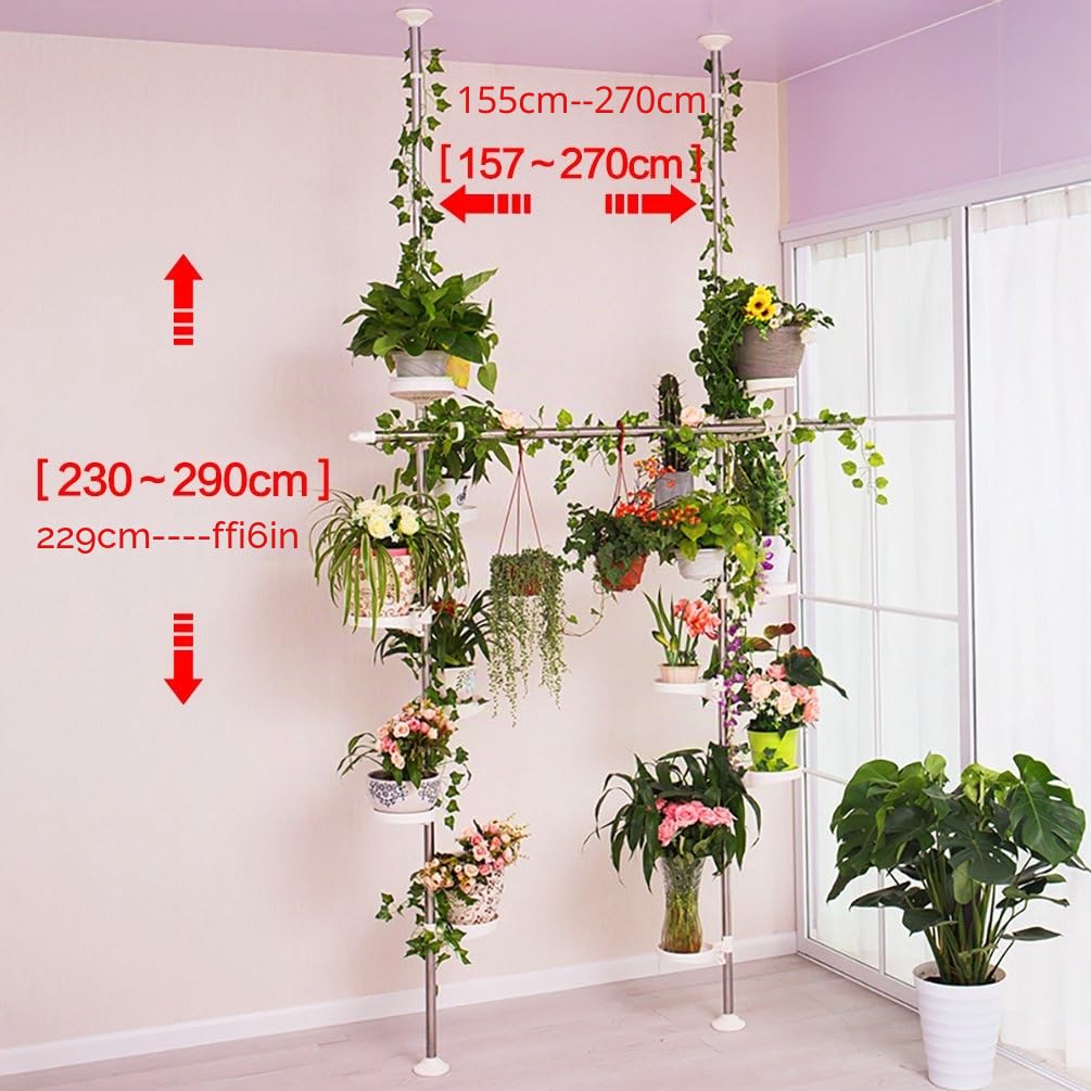 BAOYOUNI Support Pot de Plante Téléscopique en Métal Étagères à Fleurs avec 12 Tablettes Réglable en Hauteur Organisateur de Stockage Présentoir pour Intérieur Balcon Salon Jardin Bureau Café