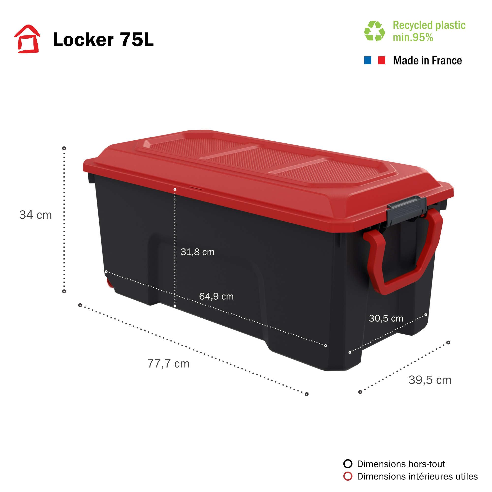 SUNDIS LOCKER, 100L kunststof opbergbox, verstevigd, met clip-on deksel en wielen, stapelbaar, ideaal voor werkplaatsen, transport, garages en doe-het- zelf