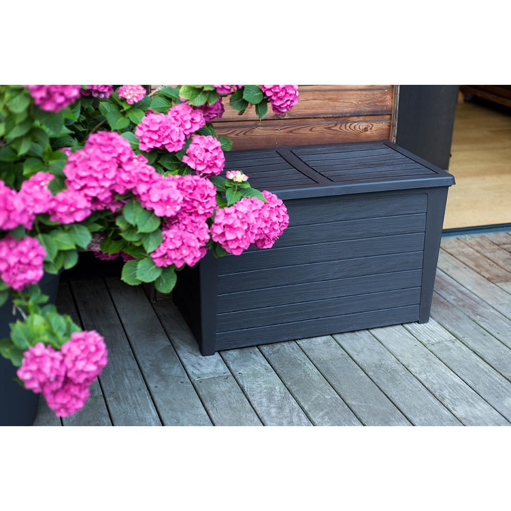 EDA - Coffre de Jardin Baya 250 L - Décor Bois - Rangement Extérieur - Anti-UV - Couvercle clipsable - Gris Anthracite - 97,5 x 54,7 x 60 cm 10291 G.Ant