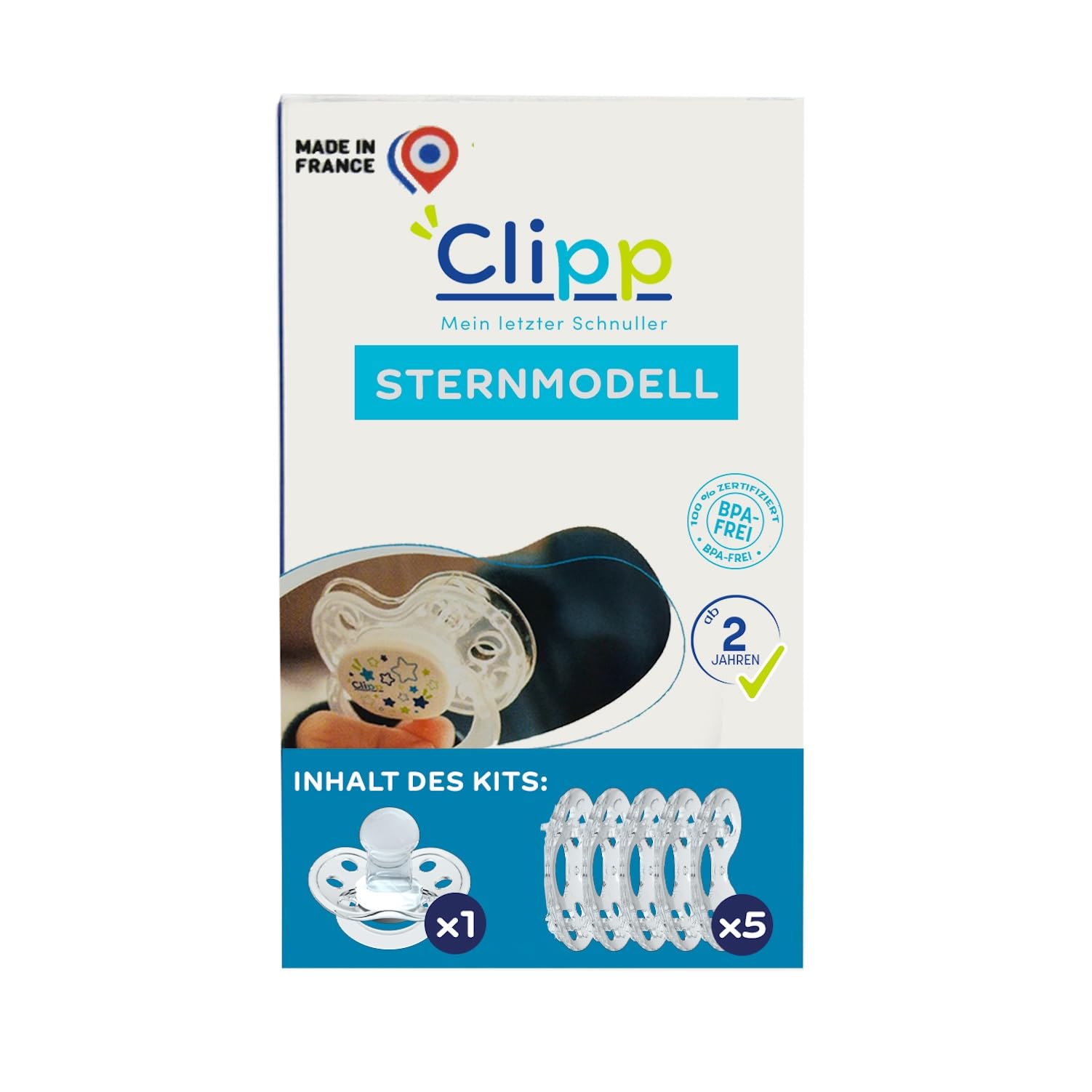CLIPP Set – Entwöhnungsschnuller Sterne + 5 Entwöhnungsschilde zur schrittweisen Abgewöhnung + Gebrauchsanweisung – Spielerisch, einfach & sanft – Patentiert – Entworfen in Frankreich – Ab 2