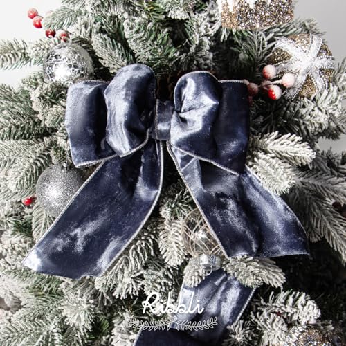 Image of Ribbli Dusty Blue Velvet Wired Ribbon 4 Inch Metallic Crushed Velvet Christmas Ribbon for Gift Wrapping Christmas Tree Decoration Crafts Wreaths Supplies-Continuous 10 Yards